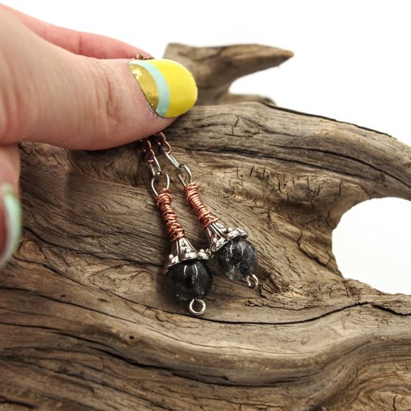 Long Copper Chain Earrings with Crackle Glass Beads - Picture 2 of 9